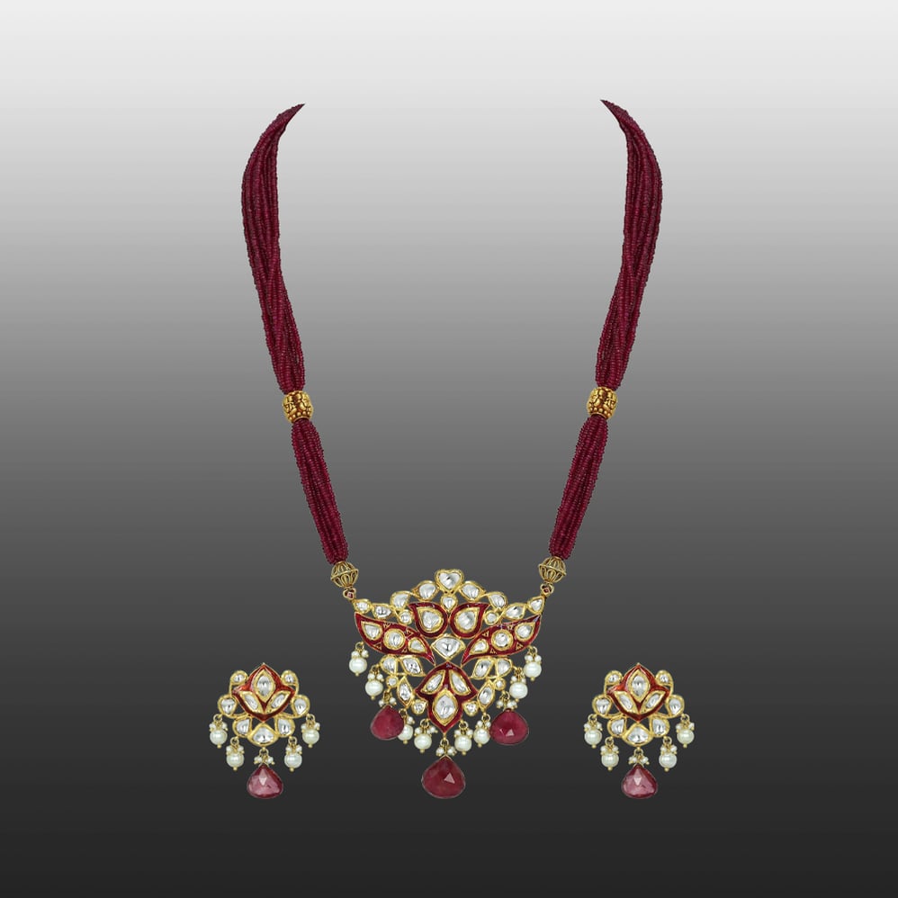 Red Enamel Polki Pendant Set with Tourmaline and Pearl Drops